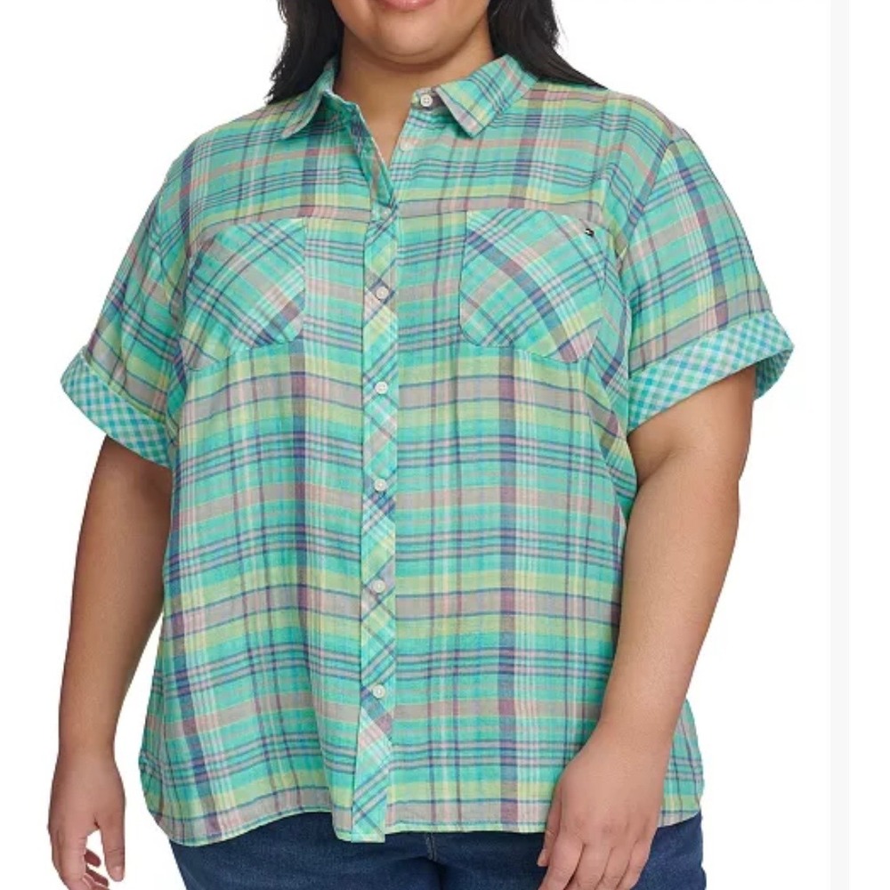 Tommy Hilfiger Pastel Plaid Short Sleeve Camp Shirt Sz 1X Button Up Gauze Cotton